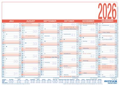 Arbeitstagekalender 2026 - A4 (29 x 21 cm) - 6 Monate auf 1 Seite -  Tafelkalender - auf Pappe kaschiert - Jahresplaner - 908-1315