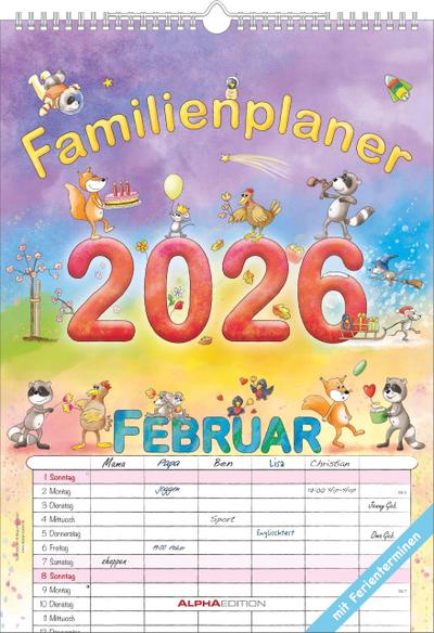 Familienplaner Cartoon 2026 - Familienkalender A3 (29,7x42 cm) - mit 6 Spalten, Ferienterminen (DE/AT/CH) und viel Platz für Notizen - Wandkalender