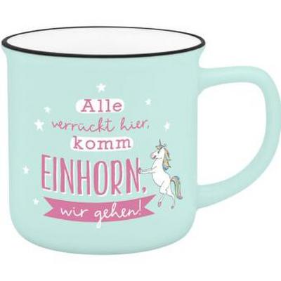 Becher in Emailloptik " Alle verrückt hier, komm Einhorn wir gehen.