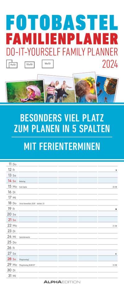 Foto-Bastel-Familienplaner 2024 - Bastelkalender zum Aufhängen - 19,5x45 cm - datiert - mit 5 Spalten - Fotokalender - Familienkalender - Wandkalender