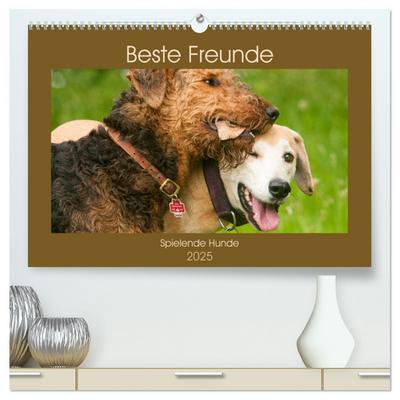Beste Freunde - Spielende Hunde (hochwertiger Premium Wandkalender 2025 DIN A2 quer), Kunstdruck in Hochglanz