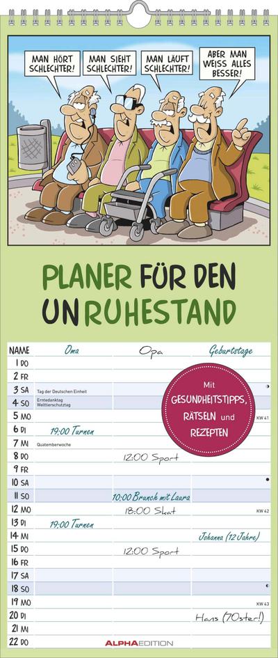 Planer für den Unruhestand 2026 - Familien-Planer 19,5x45 cm - mit lustigen Cartoons - Humor-Kalender - Wandplaner - Alpha Edition