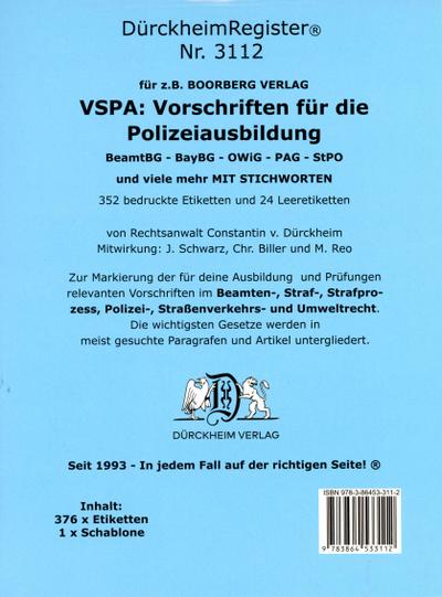 DürckheimRegister® Nr. 3112 VSPA: Vorschriften für die Polizeiausbildung