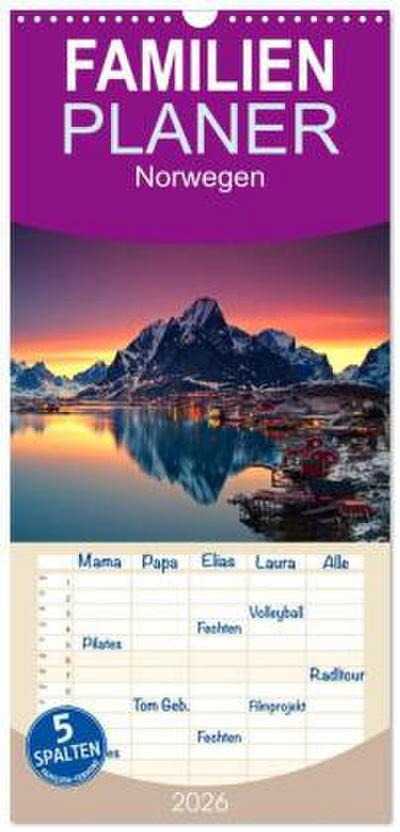 Familienplaner 2026 - Norwegen mit 5 Spalten (Wandkalender, 21 x 45 cm) CALVENDO