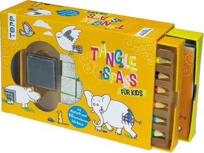Tangle-Spaß für Kids Set: Ausmalheft mit Tangle-Anleitungen, bemalbare Sticker, Stempelkissen, Stempel und Buntstifte in einer süßen Box mit Schubladen