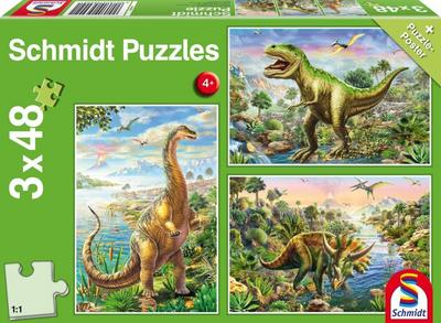 Schmidt Spiele Puzzle 56202, grün, Abenteuer mit den Dinosauriern, 3x48 Teile