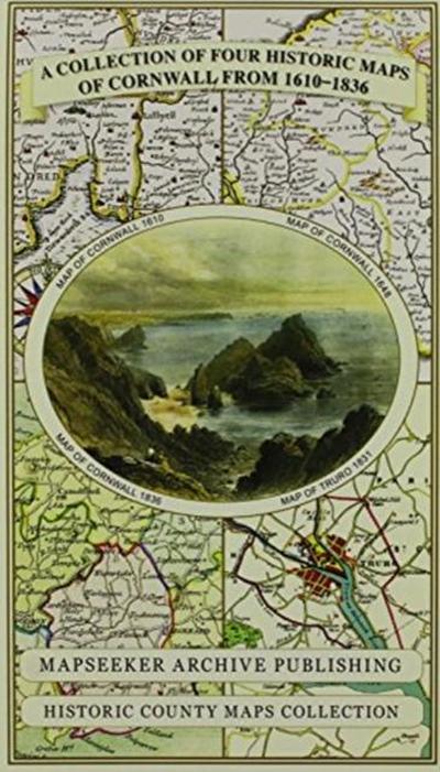 Cornwall 1611 - 1836 - Fold Up Map that features a collection of Four Historic Maps, John Speed’s County Map 1611, Johan Blaeu’s County Map of 1648, Thomas Moules County Map of 1836 and Robert Dawson’s Reform Act Plan of Truro 1831. The maps are surrounded by Cornwall’s Historic Buildings.