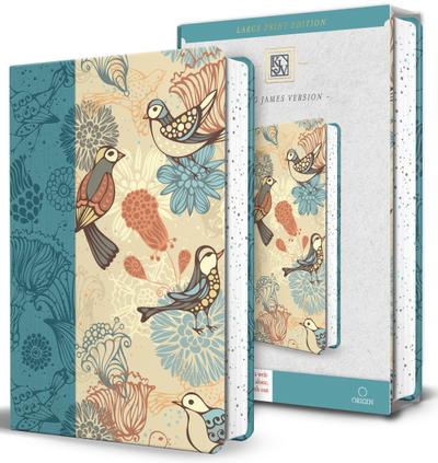 KJV Holy Bible, Large Print Medium Format, Blue with Birds Faux Leather W/ Ribbon Marker, Red Letter