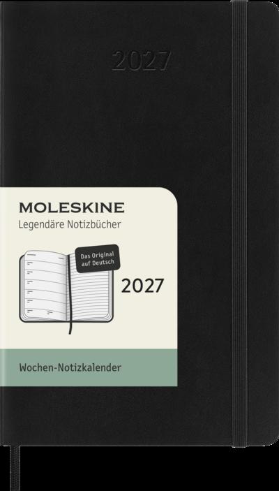 Moleskine 12 Monate Wochen Notizkalender Deutsch 2027, Pocket/A6, 1 Wo = 1 Seite, rechts linierte Seite, Weicher Einband, Schwarz