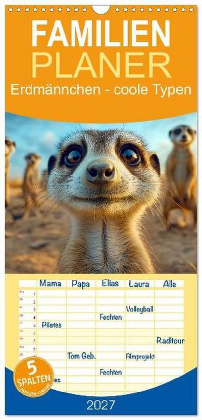 Familienplaner 2027 - Erdmännchen - coole Typen mit 5 Spalten (Wandkalender, 21 x 45 cm) CALVENDO