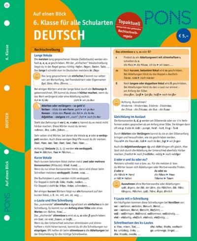 PONS Deutsch auf einen Blick - 6. Klasse: kompakte Übersicht: Grammatik, Kommunikation, Wortschatz und Aussprache nachschlagen