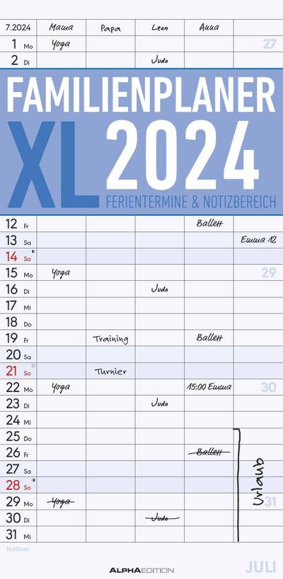 Familienplaner XL 2024 mit 5 Spalten - Familien-Timer 22x45 cm - Offset-Papier - mit Ferienterminen - Wand-Planer - Familienkalender - Alpha Edition