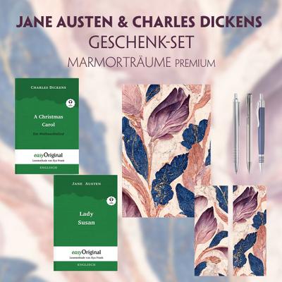 Jane Austen & Charles Dickens Geschenkset - 2 Bücher (Hardcover+ Audio-Online) + Marmorträume Schreibset Premium