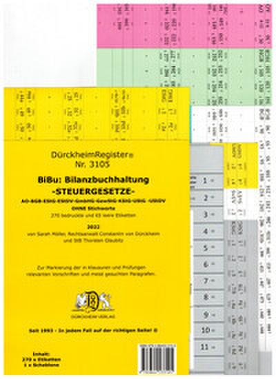 DürckheimRegister® BiBu-BILANZSTEUERRECHT Register für deine AO-AktG-BGB-EStG-EStR-KStG-UStG-GmbHG-HGB-UmwG nur Zahlen und §§ (2021)