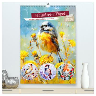Heimische Vögel - Singvögel zwischen Blüten und Beeren (hochwertiger Premium Wandkalender 2026 DIN A2 hoch), Kunstdruck in Hochglanz