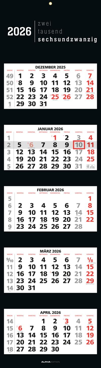 Alpha Edition 5-Monatskalender Black 2026 - Wandkalender 33×120 cm mit 5 Monaten im Überblick & Datumsschieber, faltbarer Büro- & Planungskalender für Homeoffice, Arbeit & Organisation
