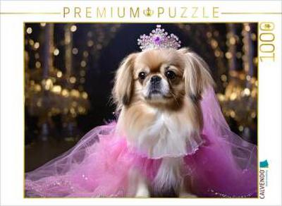 CALVENDO Puzzle Pekinese trägt pinkfarbenes Abendkleid mit Krone | 1000 Teile Lege-Größe 64x48cm Foto-Puzzle für glückliche Stunden