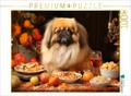 CALVENDO Puzzle Lieblicher Pekinese am herbstlich gedeckten Tisch | 1000 Teile Lege-Größe 64x48cm Foto-Puzzle für glückliche Stunden