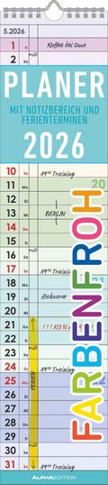 Planer Farbenfroh 2026 - Streifen-Kalender 11,3x49x5 cm  - Küchenkalender - Wandplaner - Alpha Edition