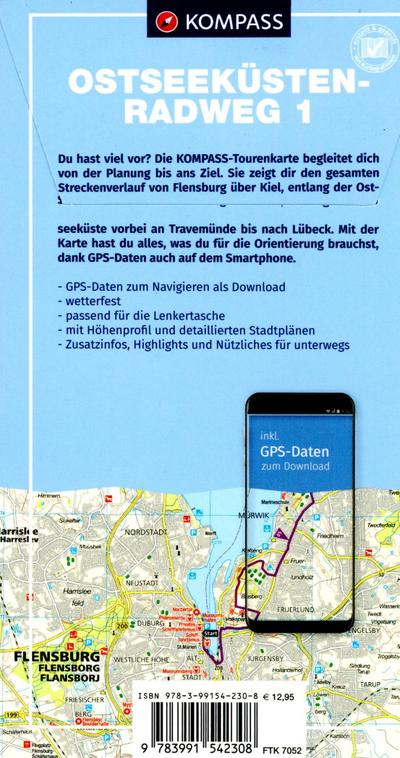 KOMPASS Fahrrad-Tourenkarte Ostseeküstenradweg 1, von Flensburg nach Lübeck 1:50.000 