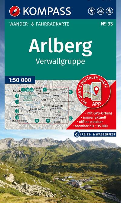 KOMPASS Wanderkarte 33 Arlberg, Verwallgruppe 1:50.000