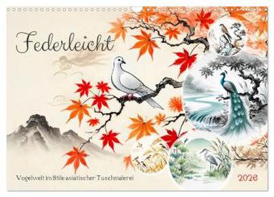 Federleicht - Vogelwelt im Stile asiatischer Tuschmalerei (Wandkalender 2026 DIN A3 quer), CALVENDO Monatskalender