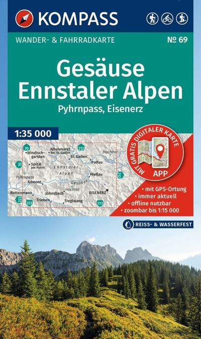 KOMPASS Wanderkarte 69 Gesäuse, Ennstaler Alpen, Pyhrnpass, Eisenerz 1:35.000 