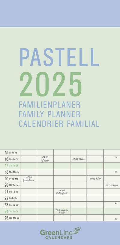GreenLine Pastell 2025 - Wandkalender - Familien-Kalender - Familienplaner - 22x45