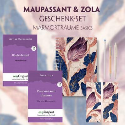 Guy de Maupassant & Émile Zola Geschenkset - 2 Bücher (mit Audio-Online) + Marmorträume Schreibset Basics, m. 2 Beilage, m. 2 Buch