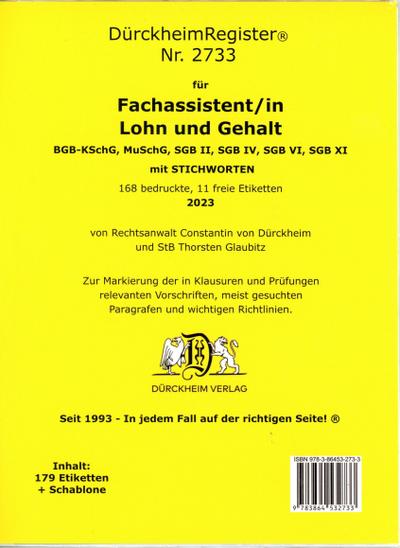 DürckheimRegister® - Fachassistent LOHN U GEHALT(ArbR-SGB) Nr. 2733 (2023)