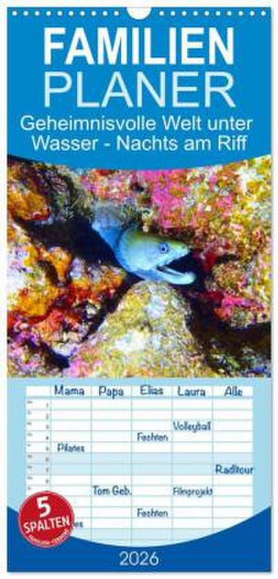 Familienplaner 2026 - Geheimnisvolle Welt unter Wasser - Nachts am Riff mit 5 Spalten (Wandkalender, 21 x 45 cm) CALVENDO