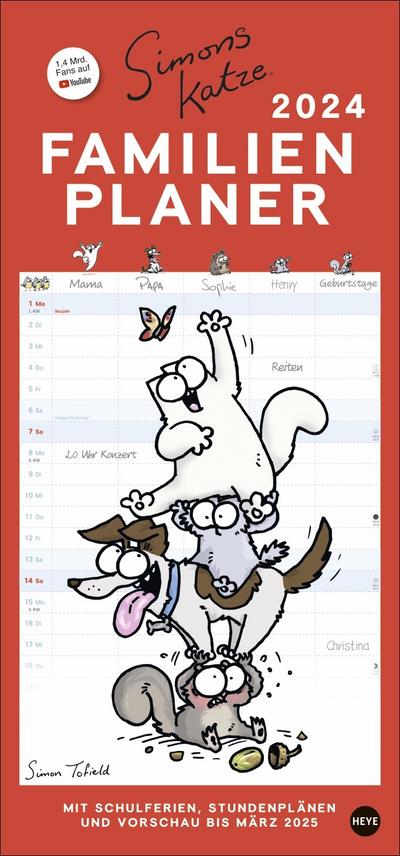 Simons Katze Familienplaner 2024. Familienkalender mit 5 Spalten. Humorvoll illustrierter Familien-Wandkalender mit Schulferien und Stundenplänen.