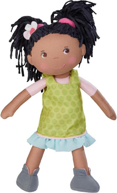 HABA 304576 - Puppe Cari, 30 cm, Weich- und Stoffpuppe für Kinder ab 18 Monaten, mit ausziehbarer Kleidung und langen Haaren
