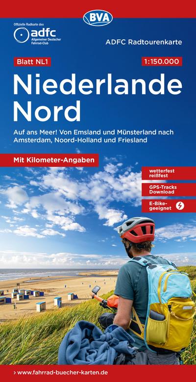 ADFC-Radtourenkarte NL 1 Niederlande Nord 1:150.000, reiß- und wetterfest, E-Bike geeignet, GPS-Tracks Download, mit Knotenpunkten, mit Bett+Bike Symbolen, mit Kilometer-Angaben