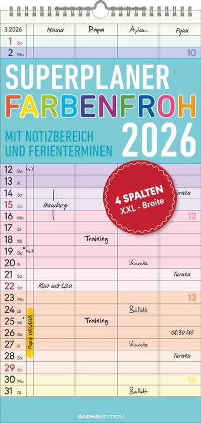 Superplaner Farbenfroh 2026 mit 4 Spalten - Familien-Timer 22x45 cm - Offset-Papier - mit Ferienterminen - Wand-Planer - Familienkalender - Alpha Edition