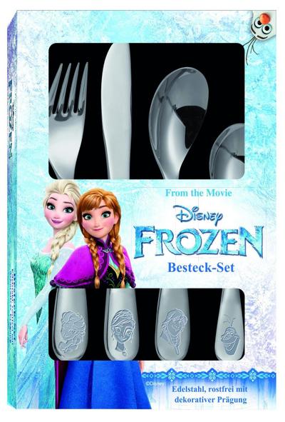 POS 25650 - Besteckset mit Disney Frozen Prägung, 4 teiliges Kinderbesteck aus rostfreiem Edelstahl, spülmaschinengeeignet, bestehend aus Messer, Gabel, großer und kleiner Löffel