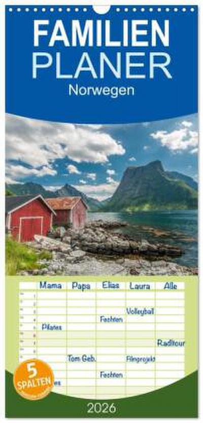 Familienplaner 2026 - Norwegen mit 5 Spalten (Wandkalender, 21 x 45 cm) CALVENDO
