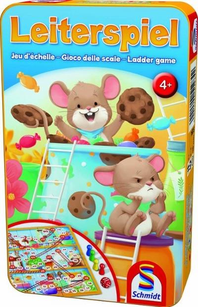 Leiterspiel. Reisespiel in der Metalldose