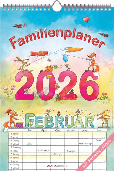 Familienplaner Cartoon 2026- Bildkalender 23,7x34 cm - 6 Spalten - Kalender mit Platz für Notizen - mit vielen Zusatzinformationen - Wandkalender