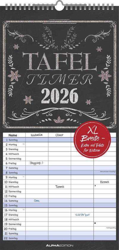 Tafel Timer Familienplaner 2026 - Familienkalender 22x45 cm - 4 Spalten - Kalender mit Ferienterminen und vielen Zusatzinformationen - Wandkalender