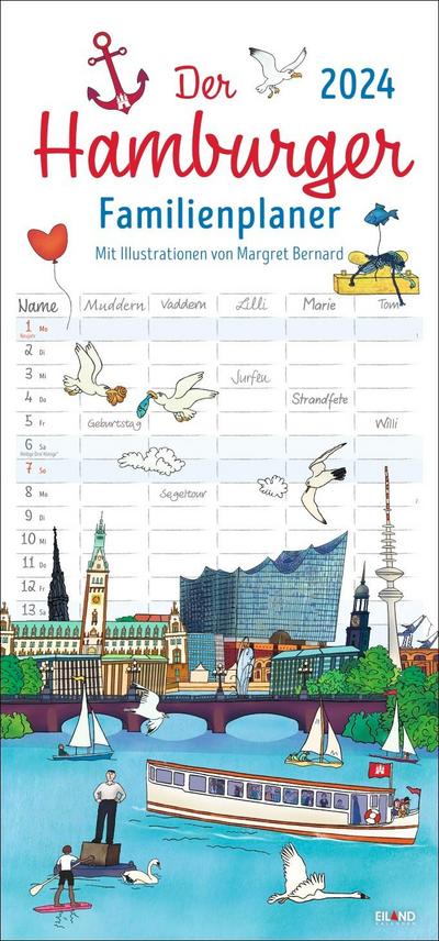 Der Hamburger Familienplaner 2024. Familienkalender mit 5 Spalten. Witziger Familien-Wandkalender mit Schulferien. Hamburg Kalender 2024.