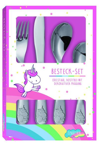 POS 27582 - Besteckset mit niedlicher Einhorn Prägung, 4 teiliges Kinderbesteck aus rostfreiem Edelstahl, spülmaschinengeeignet, bestehend aus Messer, Gabel, großer und kleiner Löffel