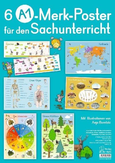 6 A1-Merk-Poster für den Sachunterricht - Jahreskreis, Körper, Waldtiere, Epochen, Kontinente, vom Korn zum Brot
