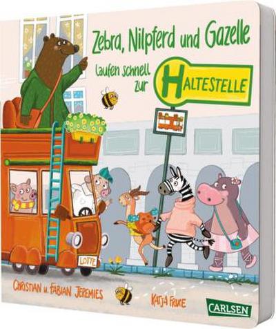 Zebra, Nilpferd und Gazelle laufen schnell zur ... Haltestelle!