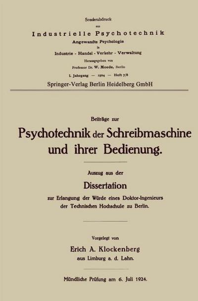 Beiträge zur Psychotechnik der Schreibmaschine und ihrer Bedienung