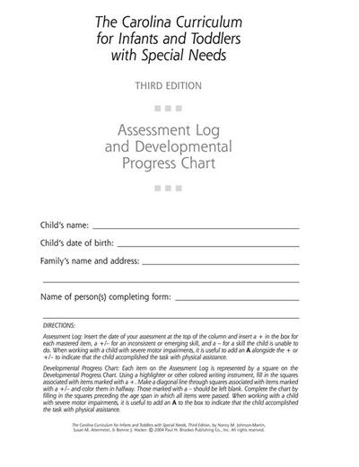 The Carolina Curriculum for Infants and Toddlers with Special Needs (Ccitsn) Assessment Log and Developmental Progress Chart
