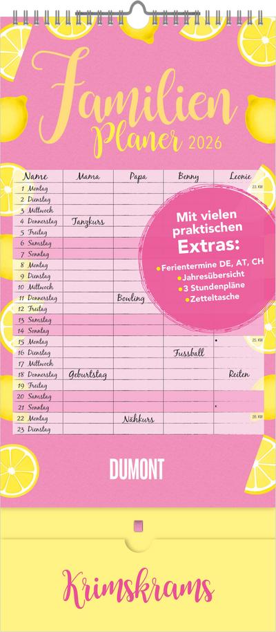 Familienplaner Krimskrams mit Tasche 2026 - 4 Spalten - Familienkalender 22x49 cm - mit Ferienterminen - Stundenplänen - Wandkalender - Wandplaner