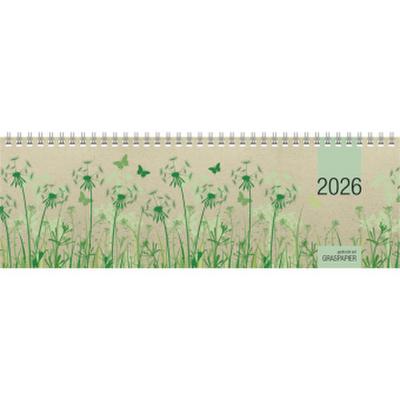 Tischquerkalender Graspapier 2026 - 32x10,5 cm - 1 Woche auf 2 Seiten - nachhaltiger Bürokalender - Stundeneinteilung 8 - 20 Uhr - 159-0640