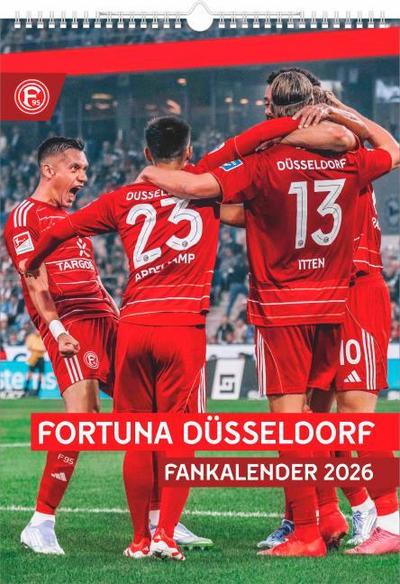 N Neumann - Fortuna Düsseldorf 2026 - Wandkalender A3 (30x42 cm) mit 12 Monatsblättern, deutschem Kalendarium & Spiralbindung, Fußball-Fankalender mit Spielerfotografien in Rot-Weiß
