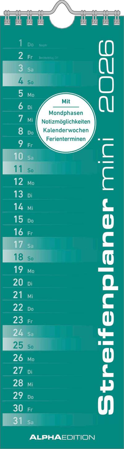 Streifenplaner Mini Mint 2026 - Streifen-Kalender 9,5x33 cm - Küchenkalender - Wandplaner - Alpha Edition